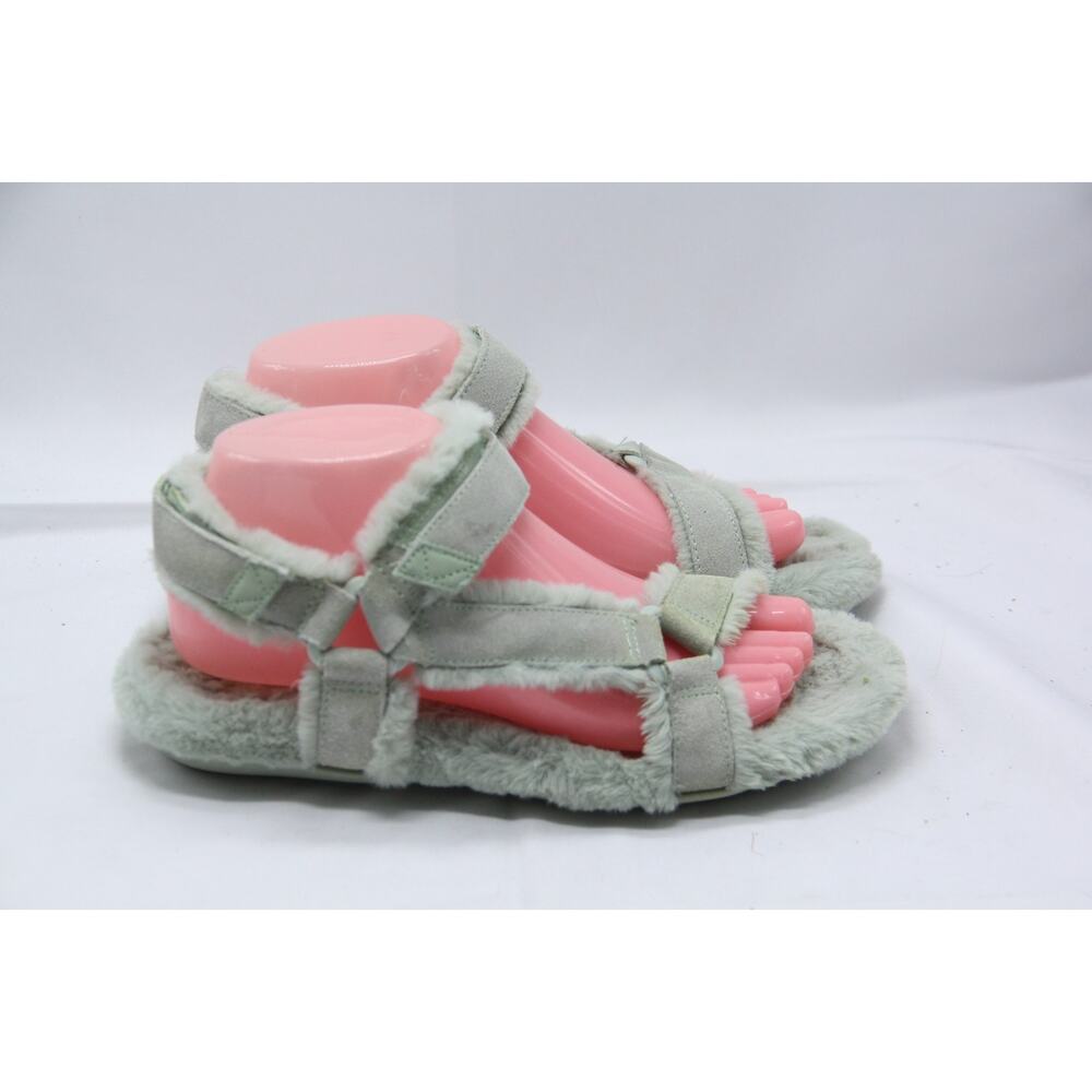 Vionic Viva Faux Fur Sandals Womens 8 Light Green Suede Open Toe Strap Slipper